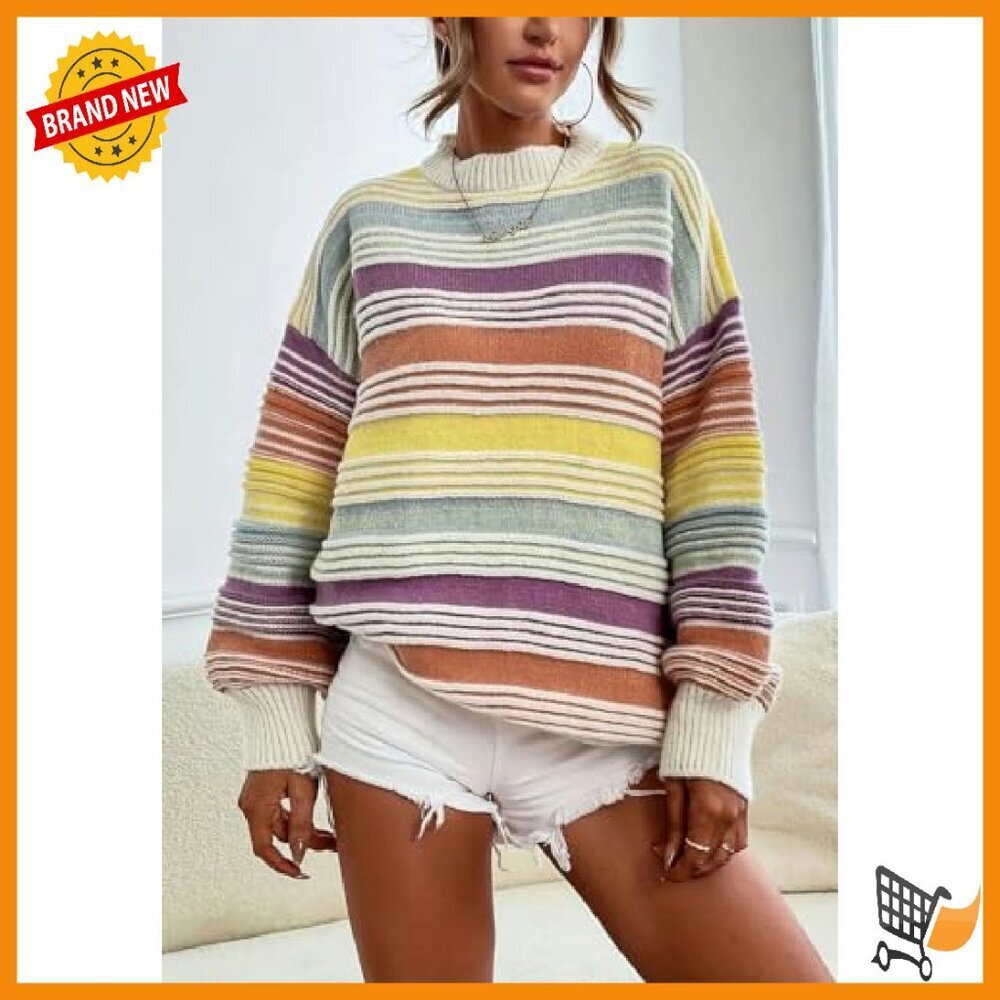 Oversized Striped Pullover Sweater Women's Knit Jumper Fall Winter - Picture 6 of 8